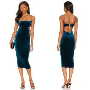 Nookie Dejavu Stretch Velvet Cut Out Midi Dress Teal Blue Green Size L